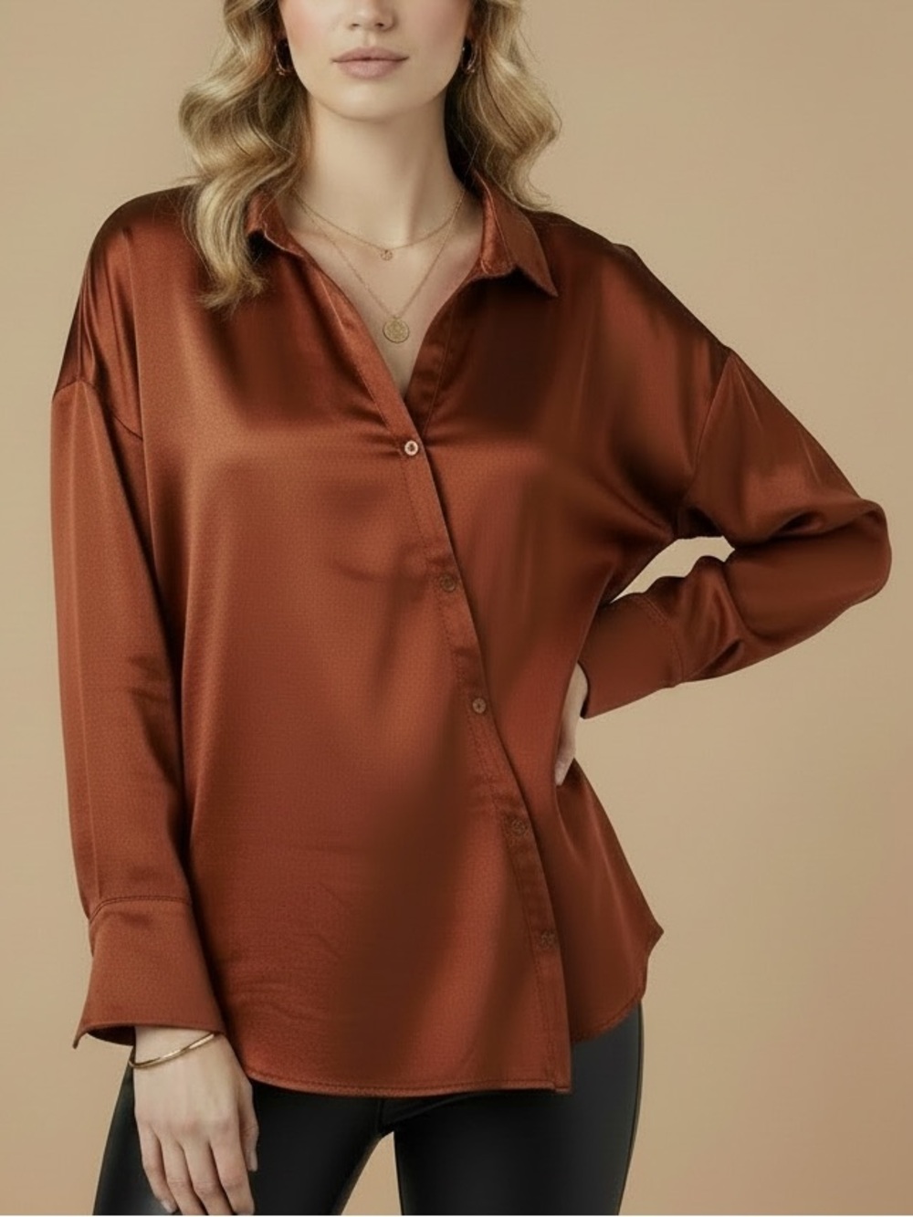 NWT AS BY DF Long Sleeve Asymmetrical Button Up Hammered Satin Blouse Size Large